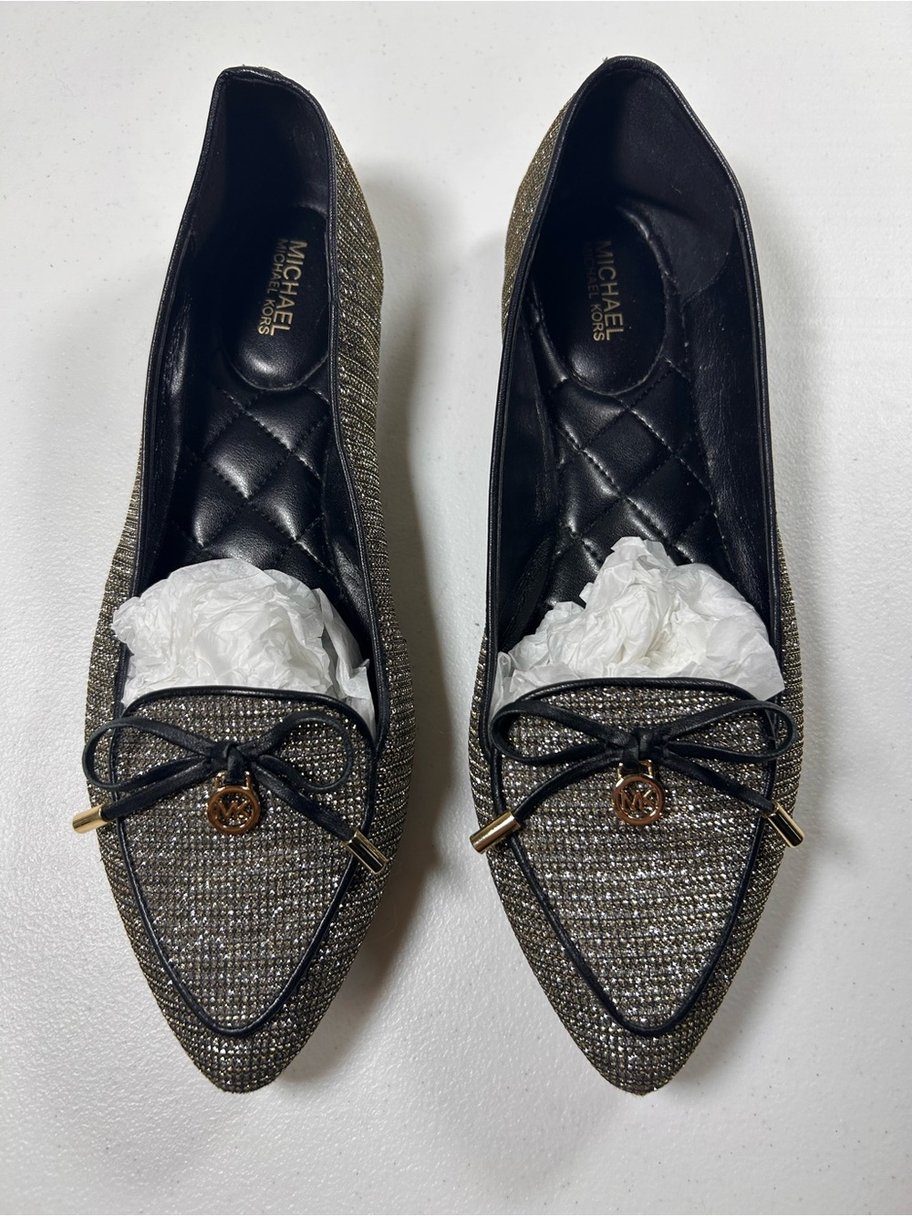 Michael Kors Metallic Gold and Black Pointed Toe Loafers